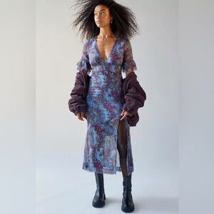 UO Florence Chiffon Printed Midi Dress, Blue, Small, NWT